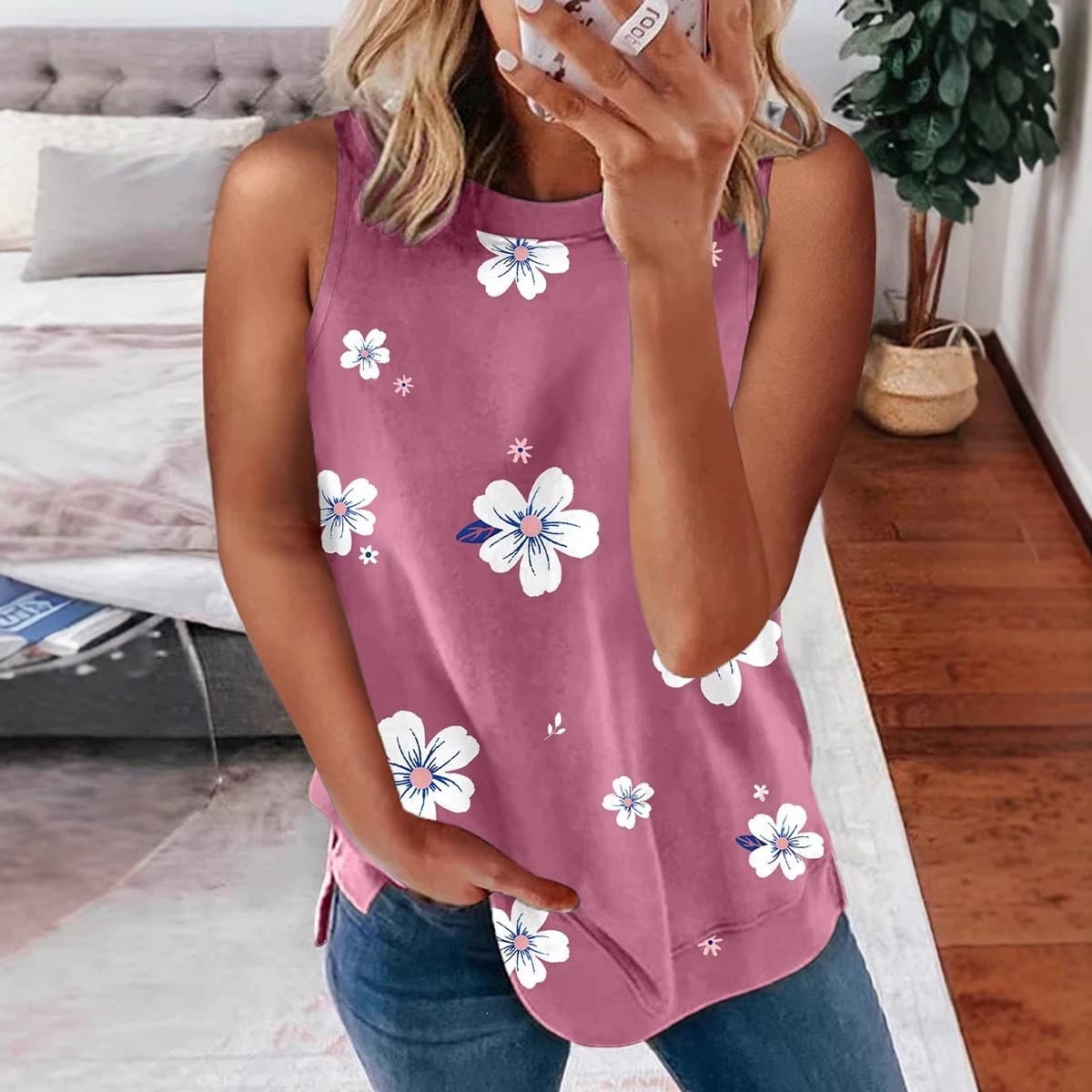 New Summer Women's Pullover Round Neck Vest, European and American Fashion Versatile Floral Print Loose Top, Factory Direct Sales