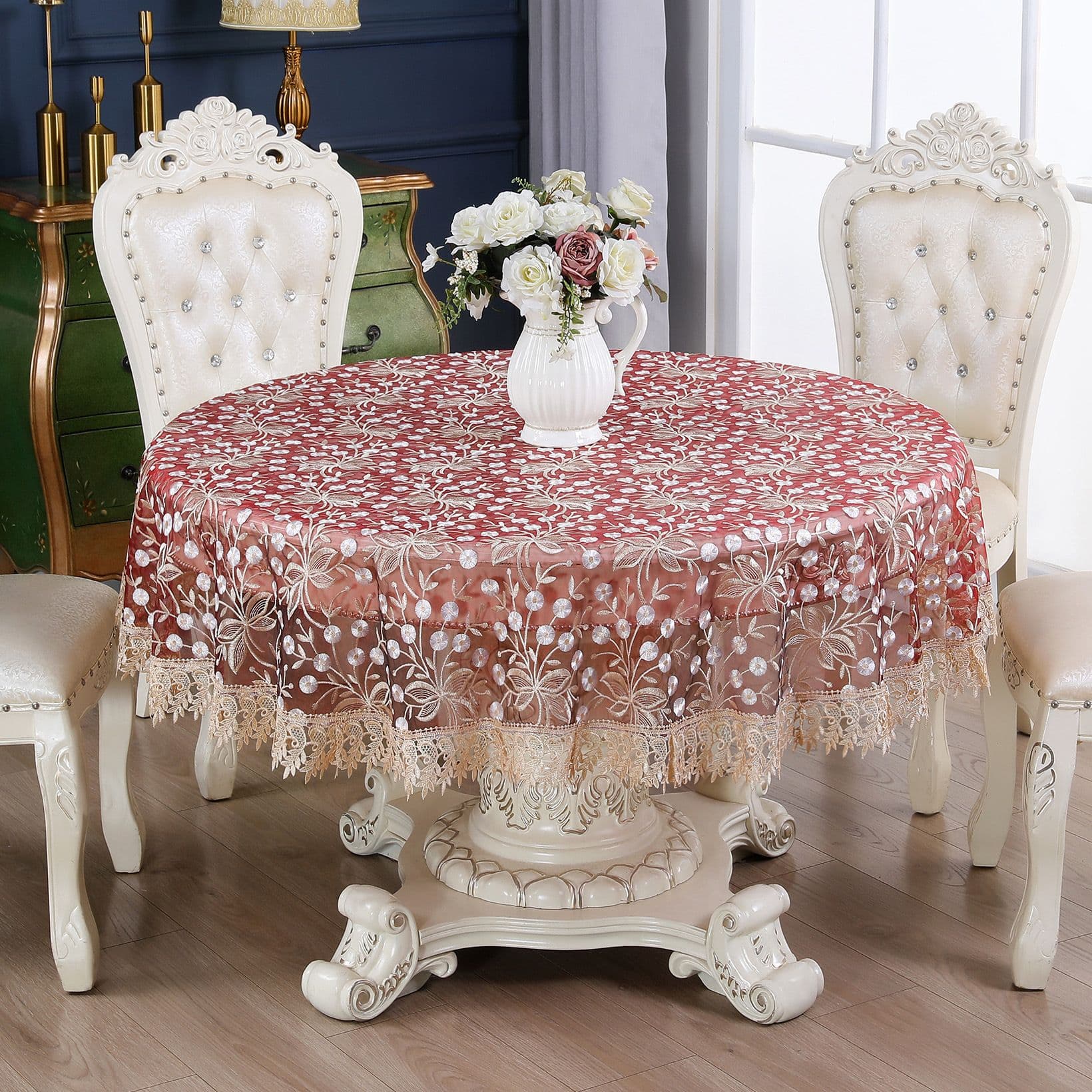 European Round Tablecloth Lace Embroidery Tablecloth Hollow Transparent Coffee Table Cloth TV Counter Cloth Light Luxury Tablecloth Wholesale
