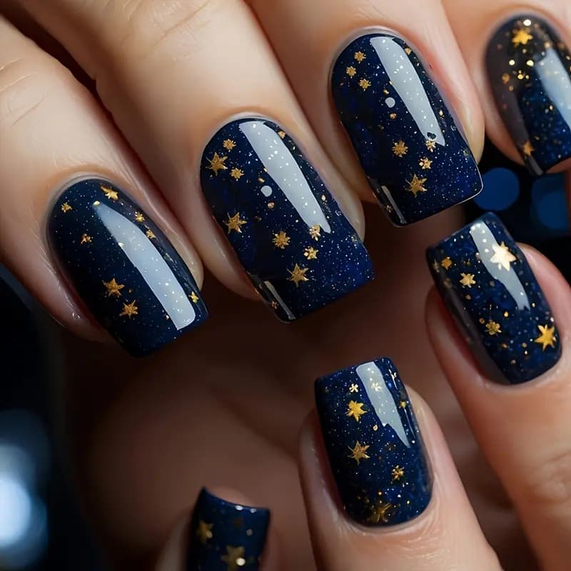 24Pcs Medium Square Gold Star Starry Sky Design Press-On Nails Glossy High-Quality Fake Nails