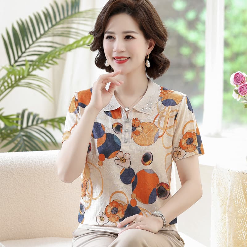 Mother's Summer Short-Sleeve Ice Silk T-Shirt, Fashionable Turn-Down Collar Printed Blouse, Thin Chiffon Top for Middle-Aged and Elderly Women