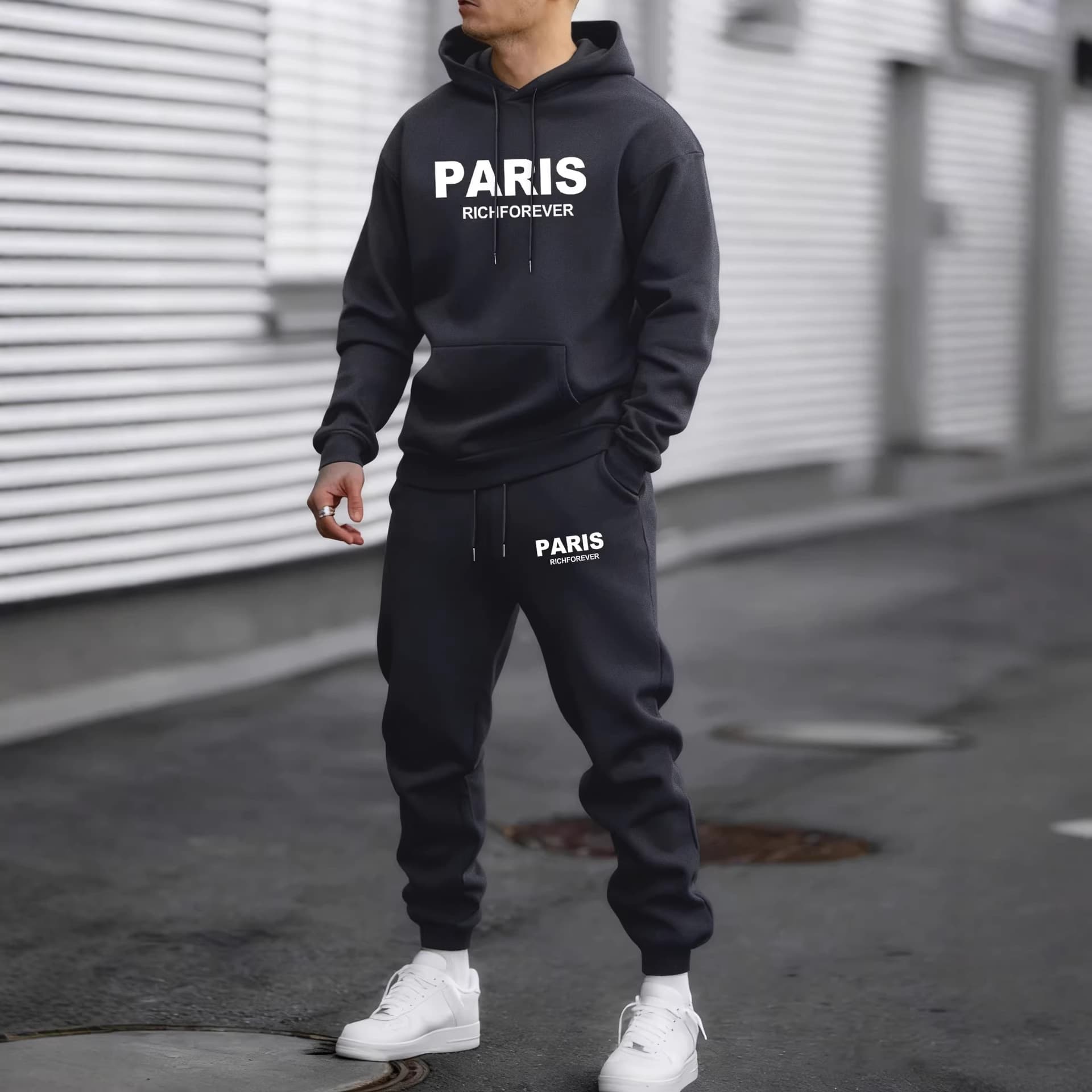 2025 New Letter Print Hoodie Set Autumn/Winter Fleece European American Sweatpants Cross-Border Street Casual Men's Set