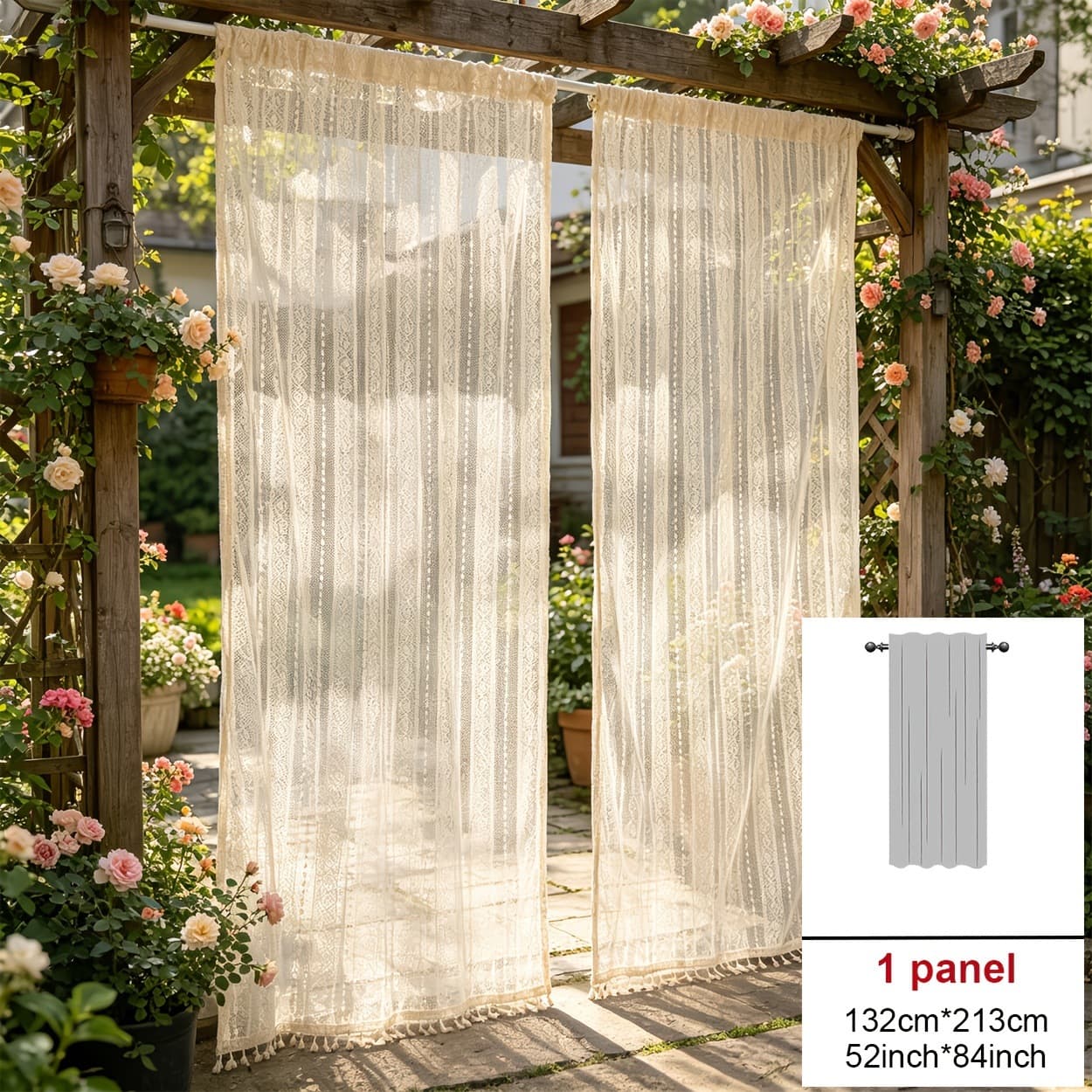 Outdoor Lace Curtain Door Curtain Balcony Partition Curtain No-Drill Sun-Protection Shading Curtain Rustic Style Gazebo Decorative Curtain