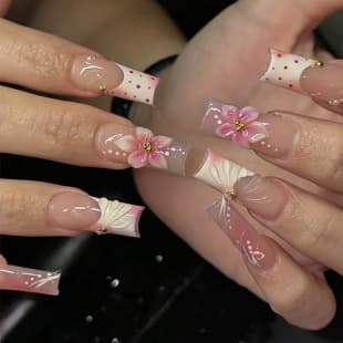 Cross-Border Hot Selling Rectangle False Nails 3D Wave Texture Flower Press-On Nails Removable Finished Product Wholesale