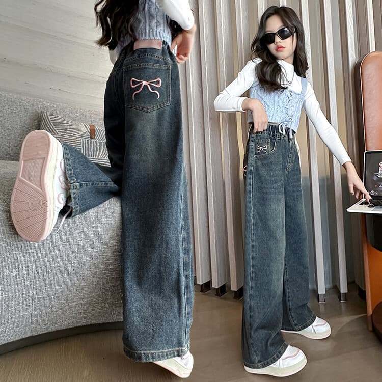 Girls' Jeans Autumn 2025 New Style Loose Wide-Leg Pants for Older Kids, Spring and Autumn, Middle School Children's Trousers