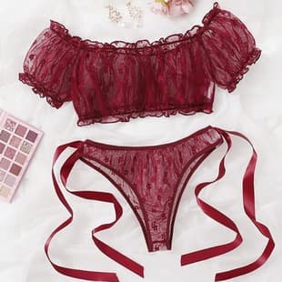 Cross-border European and American Plus Size One-shoulder Bandeau Sexy Lingerie Lace Pure Bra and Panty Two-piece Sheer Set 08