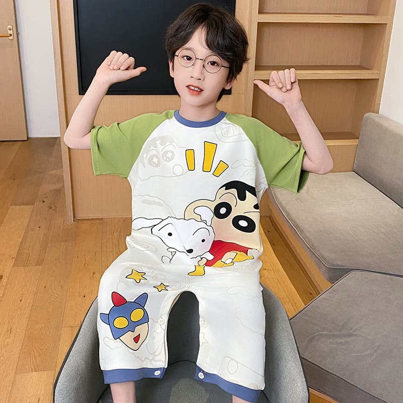 Baby One-Piece Pajamas Summer Thin Comfortable Pure Cotton Boys Air Conditioning Suit Two-Way Wear Cartoon Homewear
