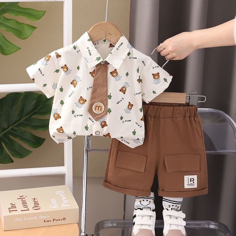 Baby Summer Suit New Children Stylish Summer Thin Short Sleeve Boy Cartoon Shirt Two-Piece Set Clothes Trendy