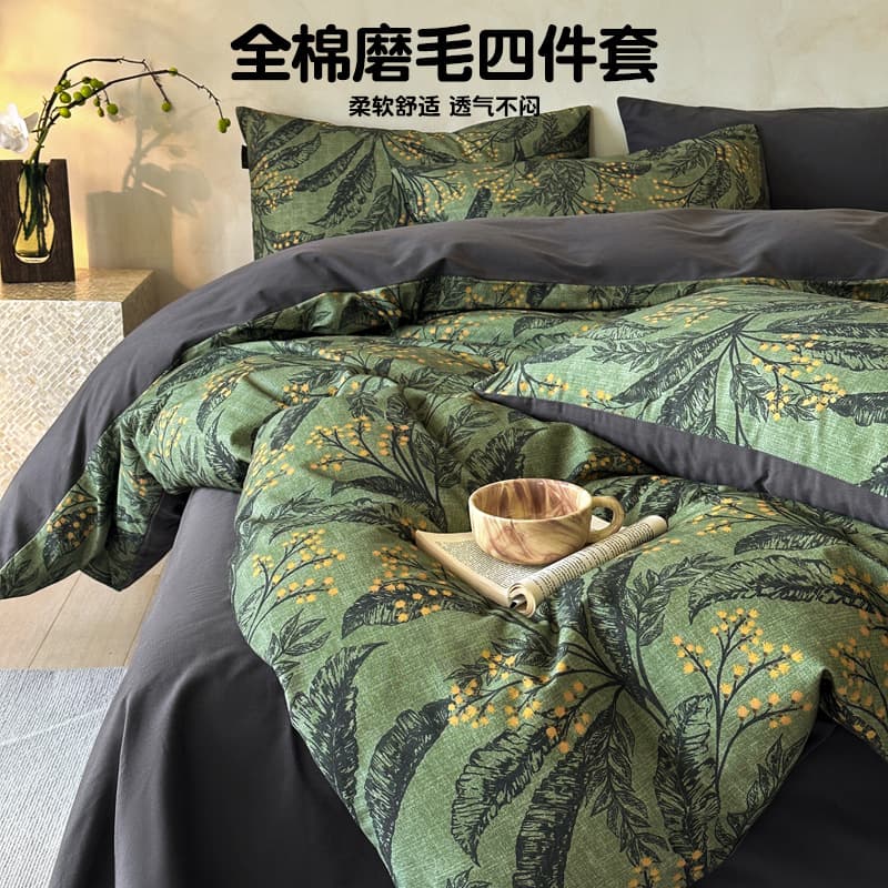 Cotton Brushed Four-Piece Bedding Set, Pure Cotton Vintage Light Luxury High-End Master Bedroom Fitted Sheet, Duvet Cover, Pillowcases, Three-Piece Set