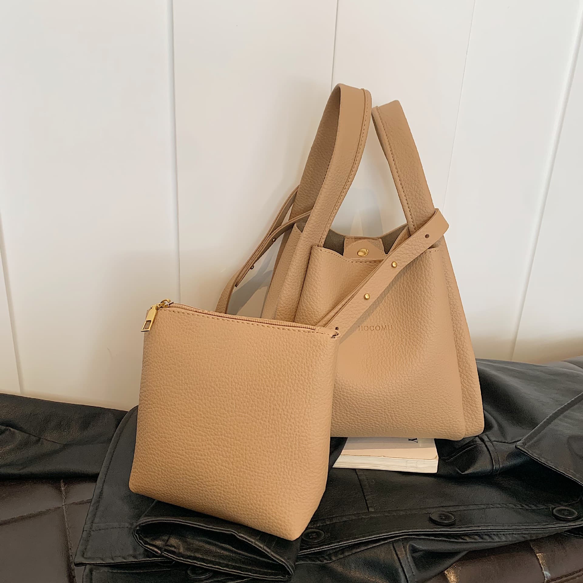 Casual litchi pattern PU bucket bag simple bag shoulder crossbody bag portable vegetable basket women's two-piece set mother-in-law bag