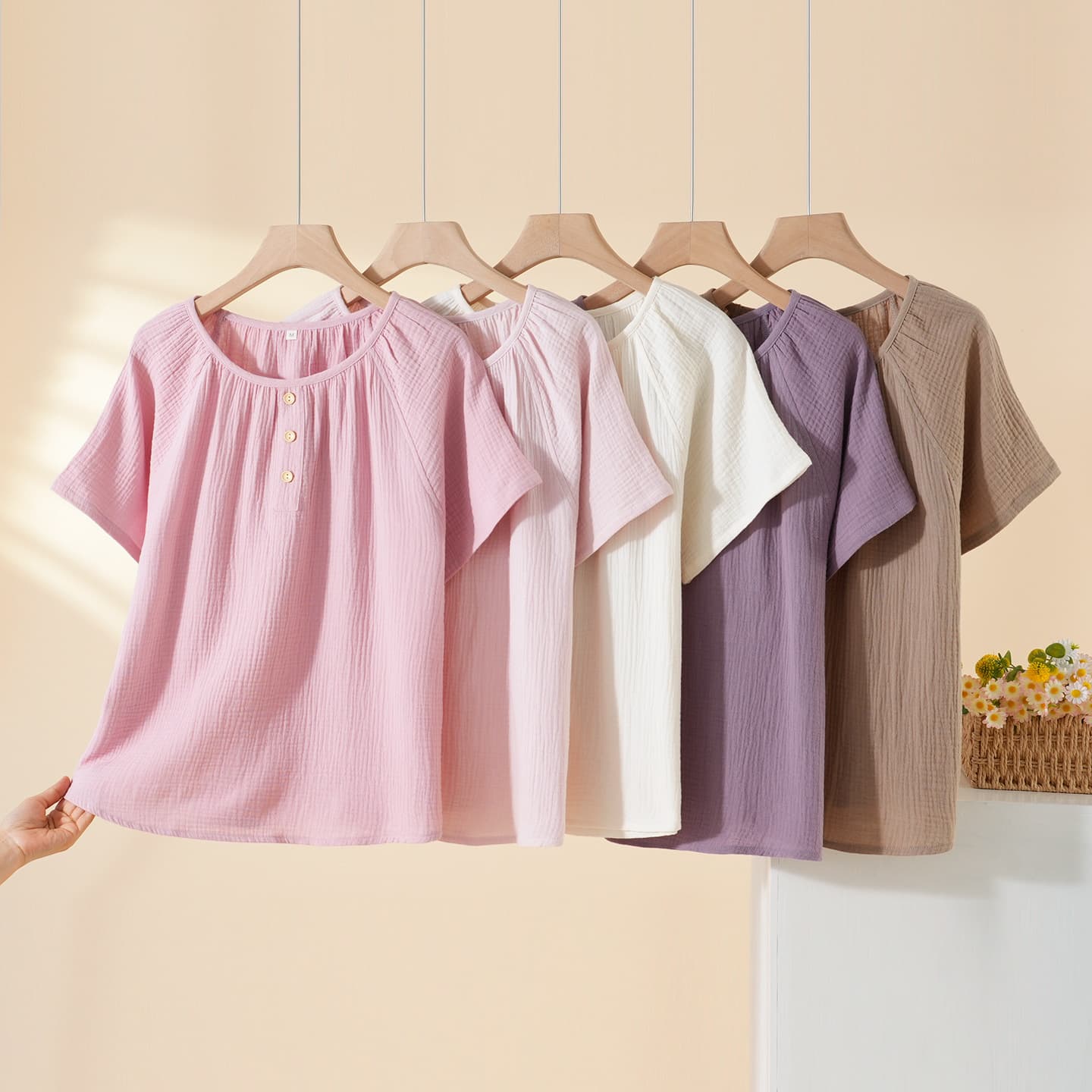 Summer Cotton Double-Layer Gauze Top Women Round Neck Pullover Cotton Crepe Homewear Solid Color Plus Size Sweat-Absorbent