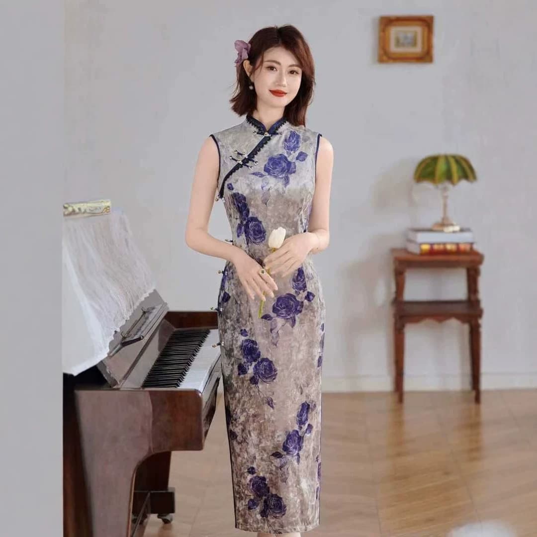 New Chinese-style Sleeveless Blue-Black Modified Cheongsam Dress for Women, Long, Slim-fit, Waist-cinching, Lace Trim, High-end Elegance
