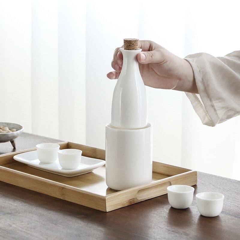 White Porcelain Wine Warmer Set, Household Hot Sake Japanese Sakeware with White Spirits Cup and Rice Wine Heater