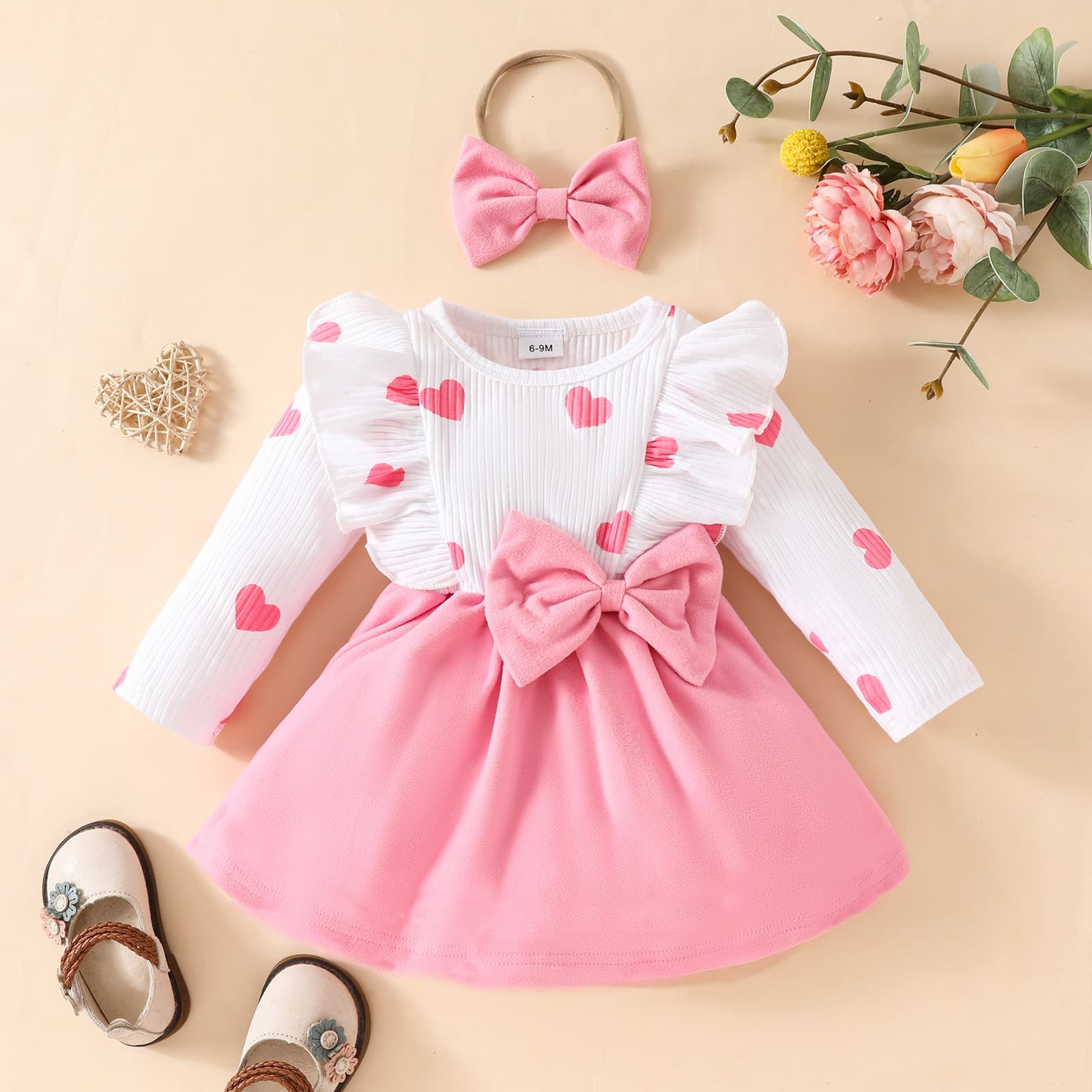 Amazon Baby Long Sleeve Dress Toddler Girl Long Sleeve Heart Bow Dress Spring Autumn Sweet Stylish Skirt