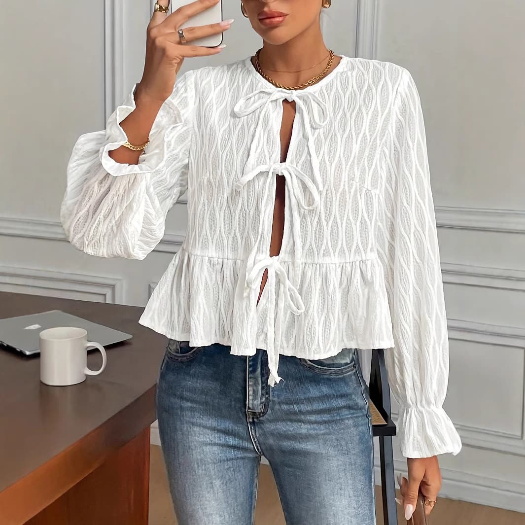 Casual Long Sleeve Tie-Design Women's Top Versatile Polyester Fabric round Neck Comfortable Fit Spring Summer Autumn Fashion
