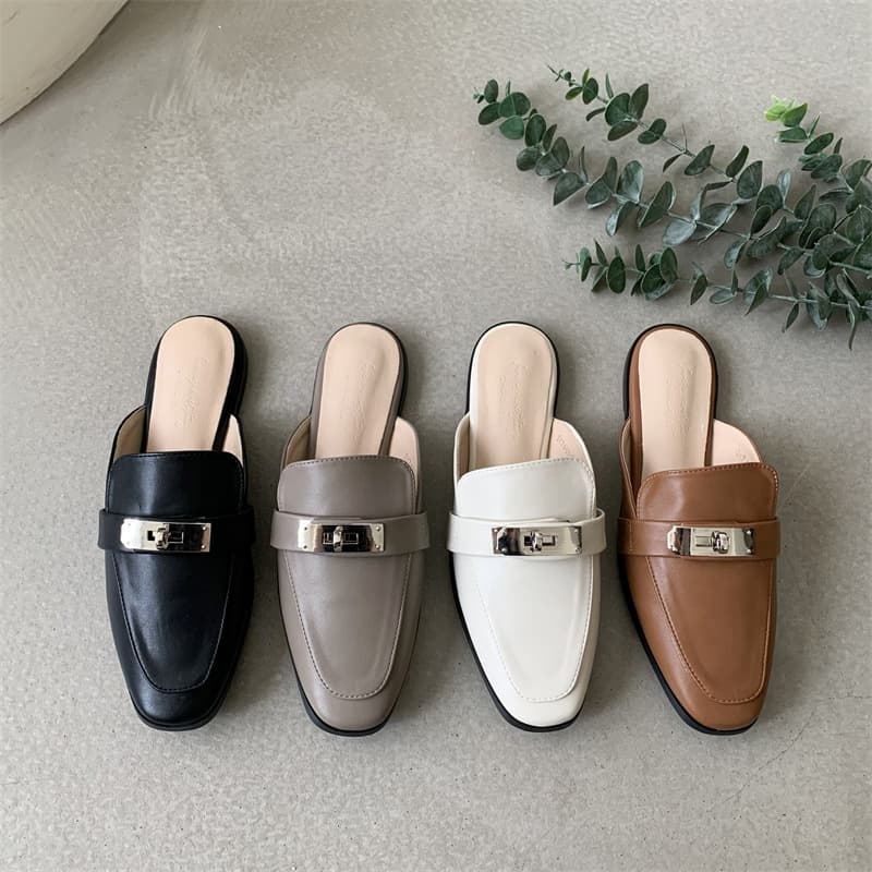 Low-Heel Women's Slippers Summer Outdoor Wear Retro Square Toe Mules Metal Buckle Popular Pointed Toe Mules