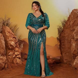 Cross-border Plus Size Sequin Evening Dress Dark Green V-neck Waist-cinching Slit Mermaid Dress Annual Banquet Party Long Gown