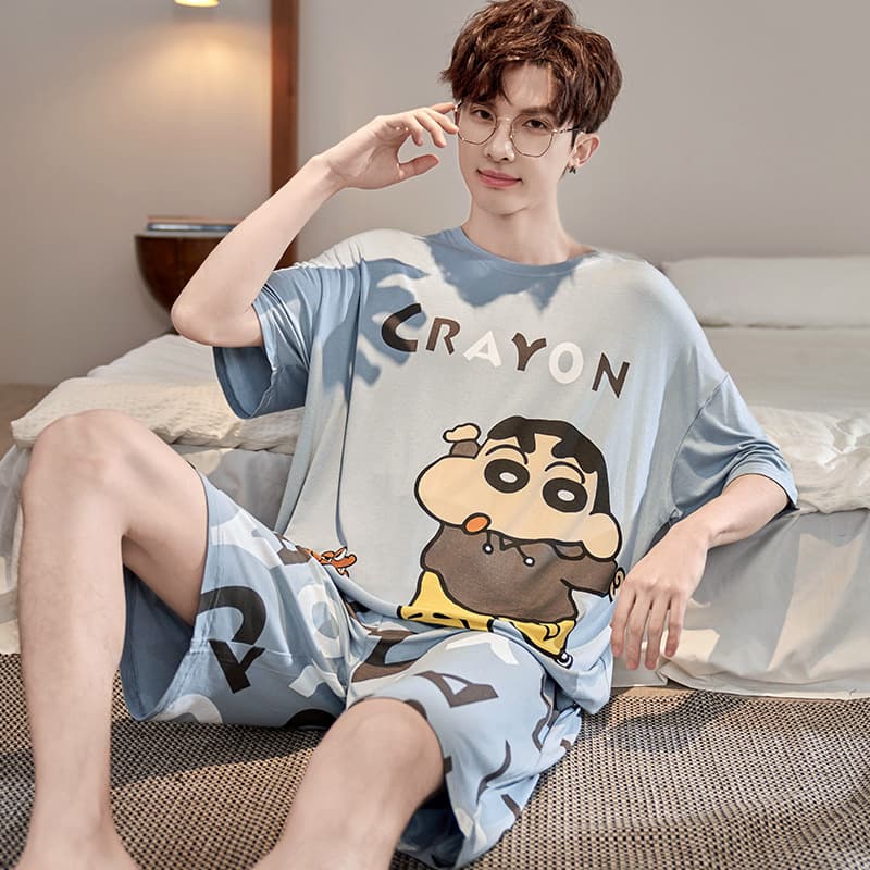 Modal Men's Pajamas Summer Thin Short Sleeve Ice Silk Youth Cartoon Plus Size Loungewear
