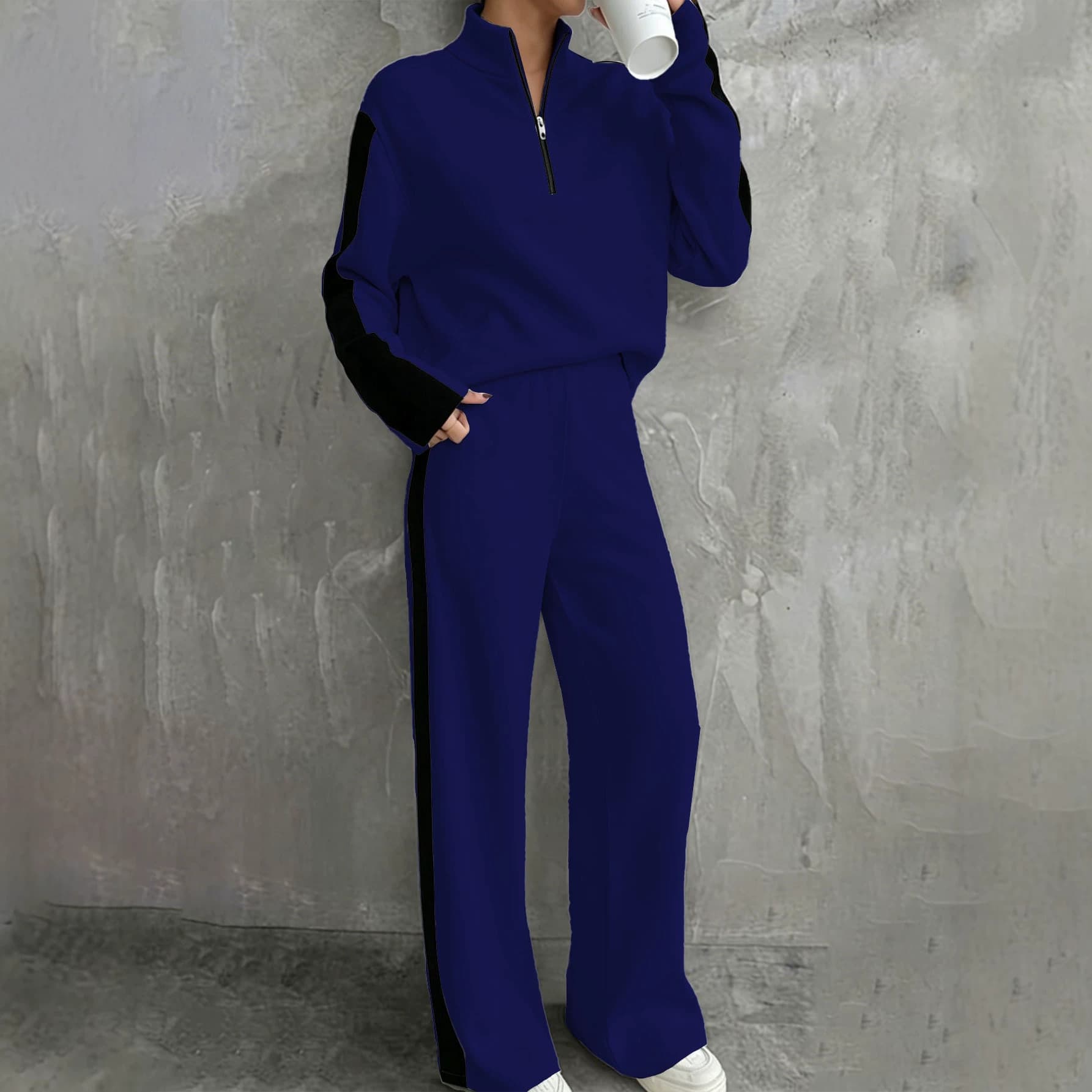 2026 European and American Women's Fashion Amazon Independent Station Casual Stitching Zip Half-Collar Pullover Hoodie and Sweatpants Set