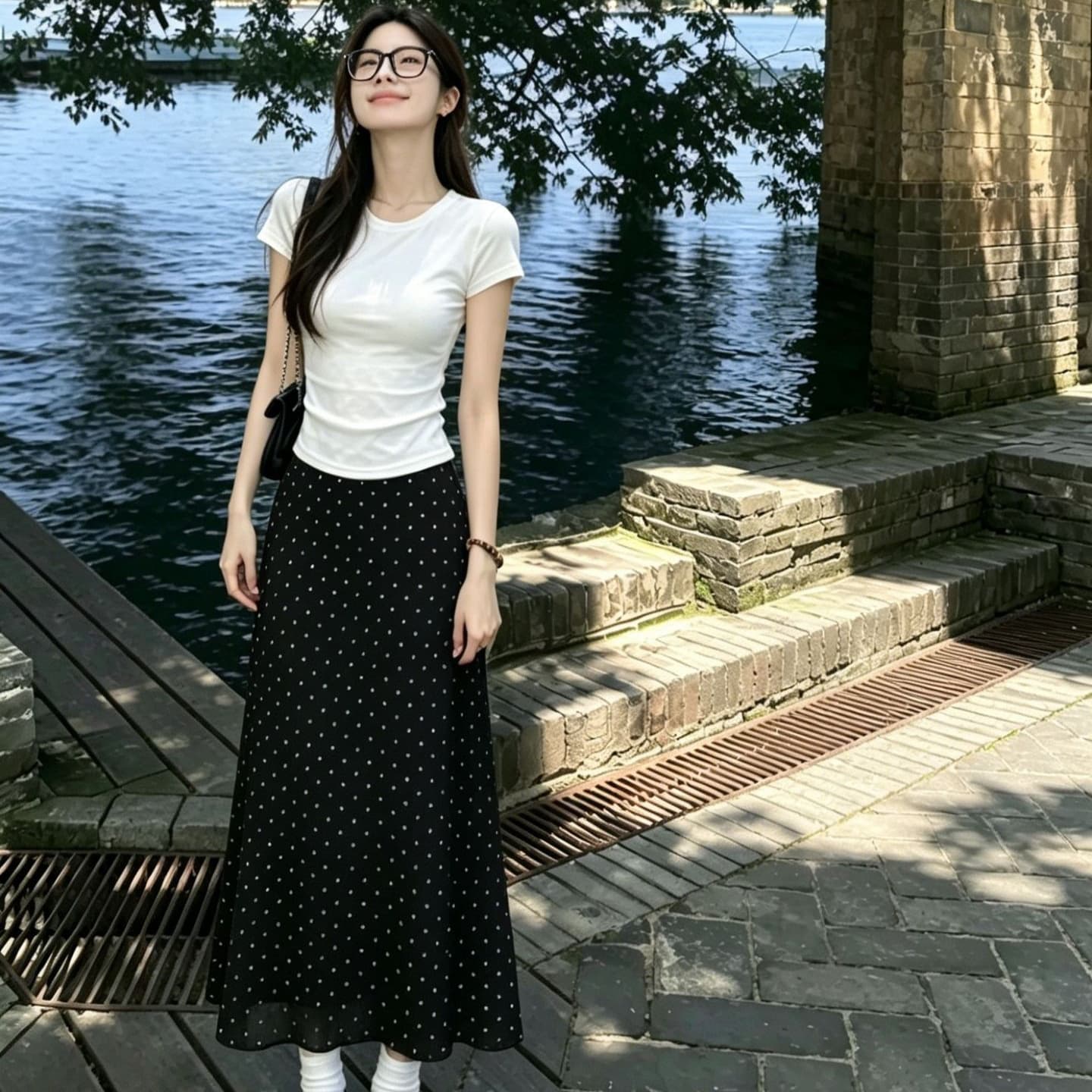 Polka Dot Midi Skirt Women's Summer Set High Waist Long Skirt Hip Covering Slimming A-Line Skirt Campus Korean Style Half Skirt