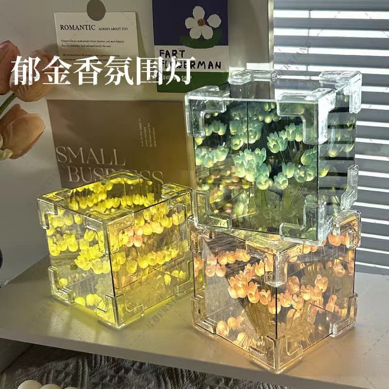 DIY Tulip Flower Field Night Light Material Kit with 3D Magic Mirror - Birthday Gift for Couples, Girlfriends, and Best Friends