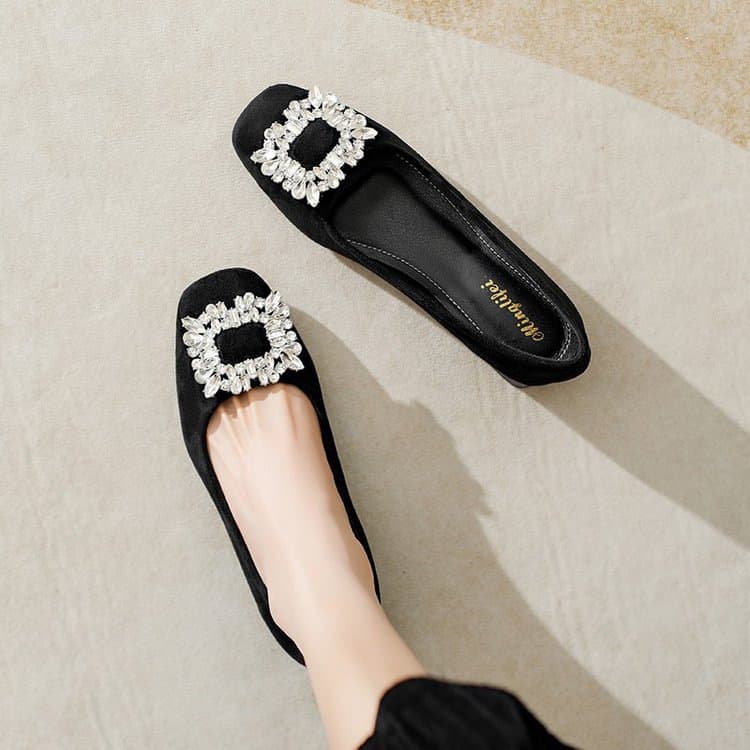 High-end Rhinestone High Heels for Women 2025 Autumn New Style Versatile Commuter Shoes French Square Toe Elegant Low Heel Pumps