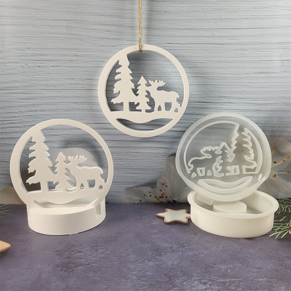 S0731R Circle Moose Christmas Tree Desktop Decoration Cement Plaster Mold DIY Silicone Mold