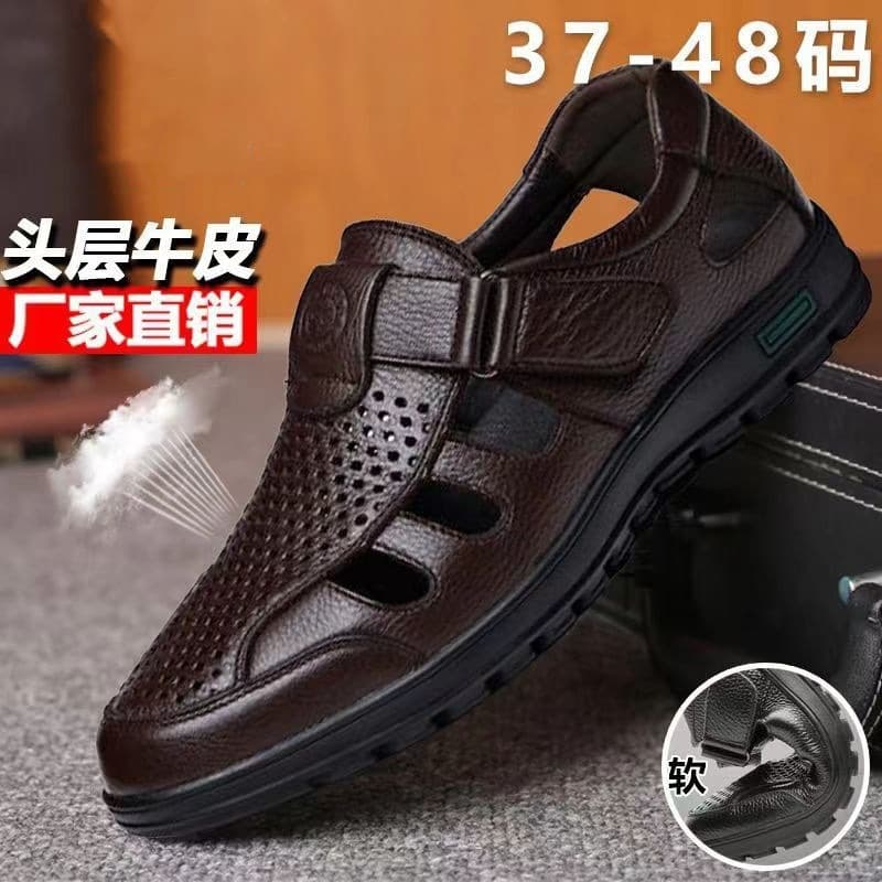 Cross-border Top Layer Cowhide Perforated Shoes Summer Men's Genuine Leather Breathable Sandals Anti-slip Hollow Out Middle-aged and Elderly Father Shoes