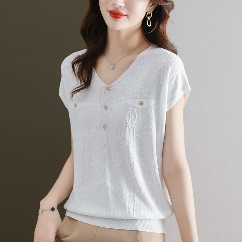 Young Mom Fashion 2026 Summer New Style Elegant Short-Sleeve T-Shirt V-Neck Women's Trendy Fashionable Knit Top