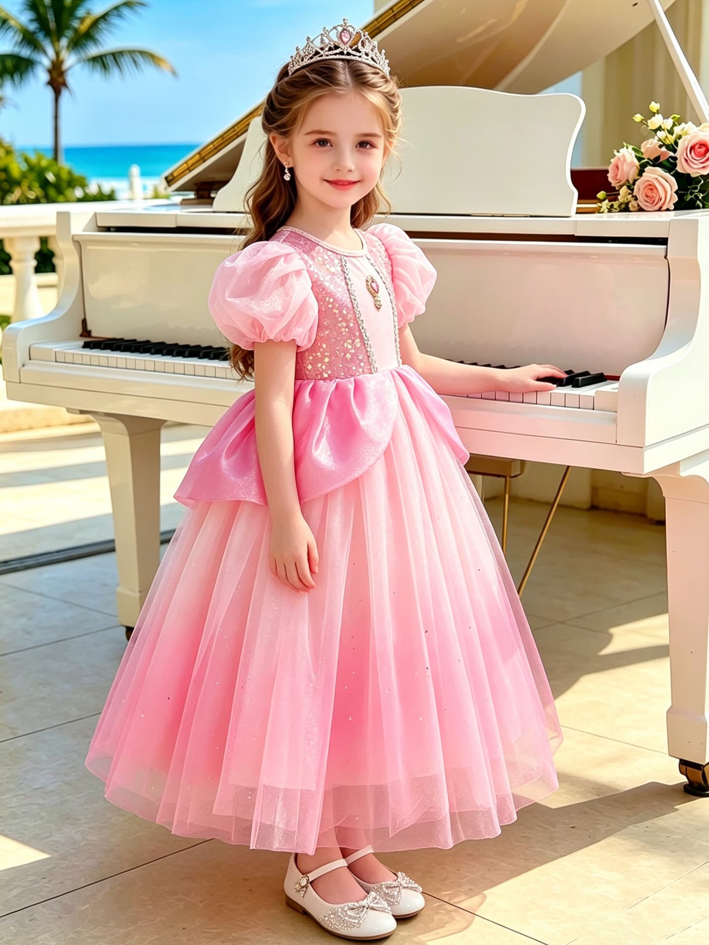 Princess Peach High-End Princess Dress Role-Play Party Girls Pink Sequin Princess Dress Puff Sleeve Tulle Skirt