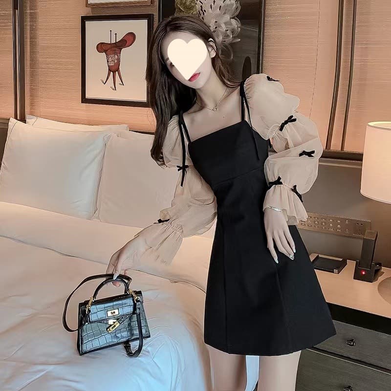 Elegant Long Sleeve Mesh Splice Dress Women's Spring Autumn French Style Ageless Waist Cinching Year End Black Dress