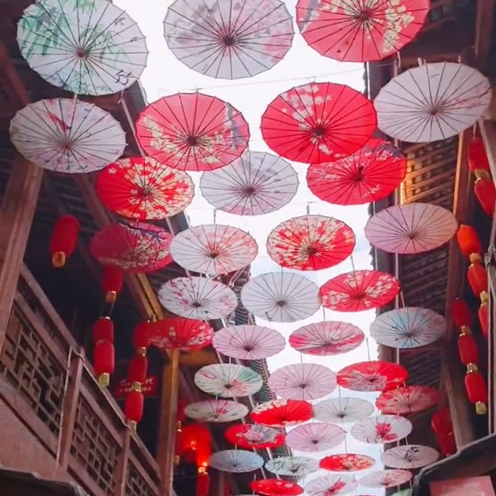 New Year Red Ancient Town Style Oil-Paper Umbrella, Classical Prop for Restaurant Ceilings and Chinese Scenic Spot Tourism Decor