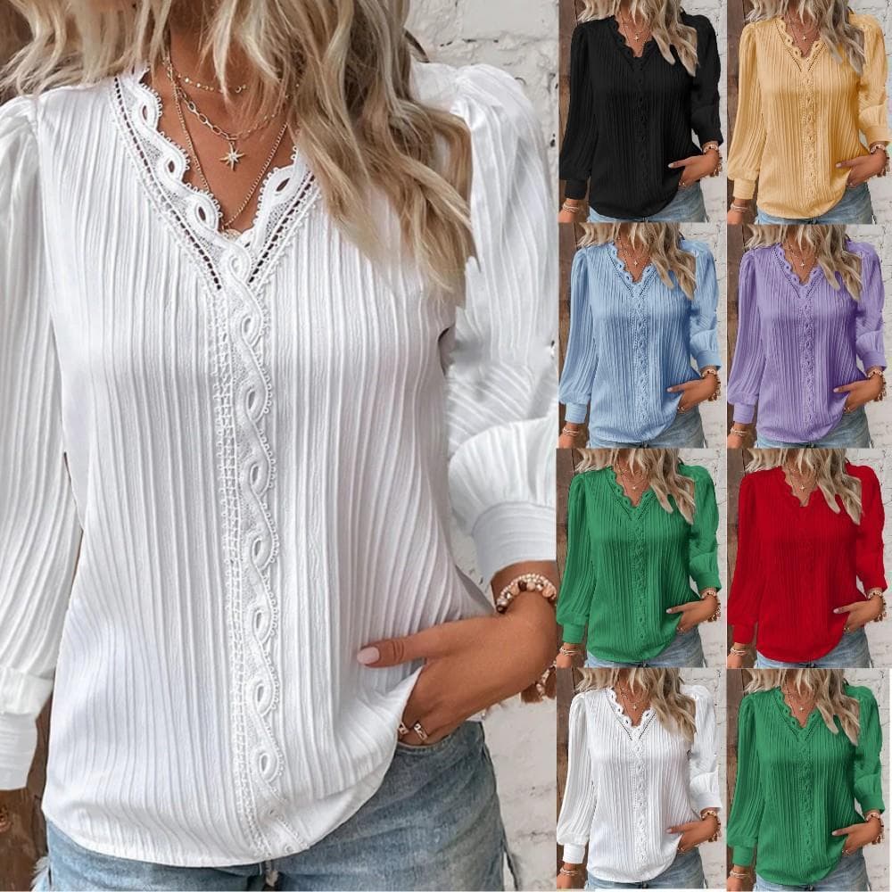 2023 Autumn Long Sleeve V-Neck Lace Trim Blouse for Women for Independent Station, Wish, and Amazon