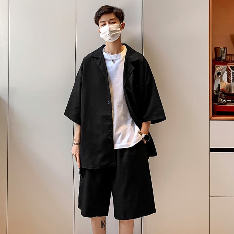 Casual Men's Suit Set Summer Rogue Jacket Korean Trendy Loose Thin Fashionable Short Sleeve Blazer