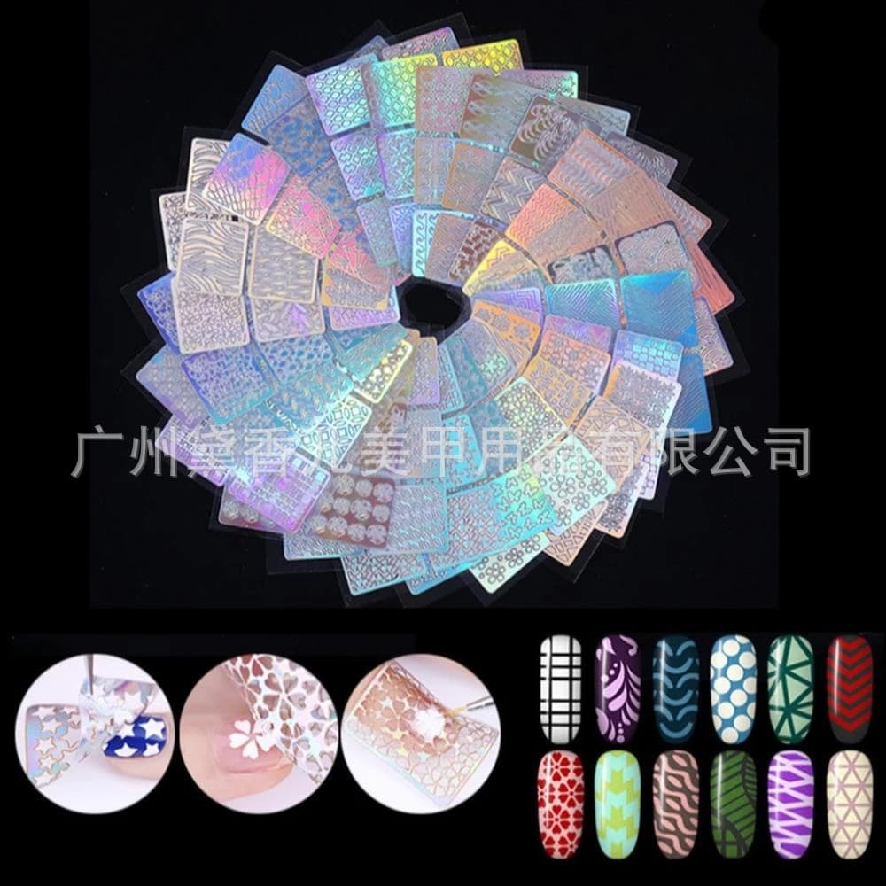 Nail art cross-border stickers, colorful laser hollow diamond stickers, 24 square painted printing templates, nail stickers and accessories