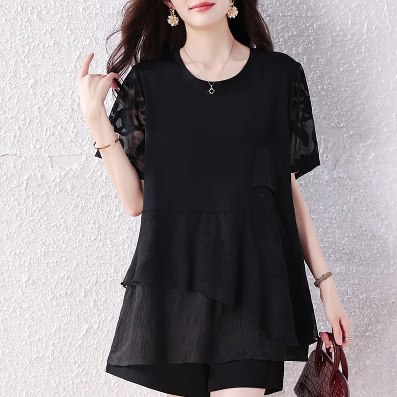 New Summer Fashion Stylish Plus Size Blouse Slimming Age-Defying Top for Curvy Women