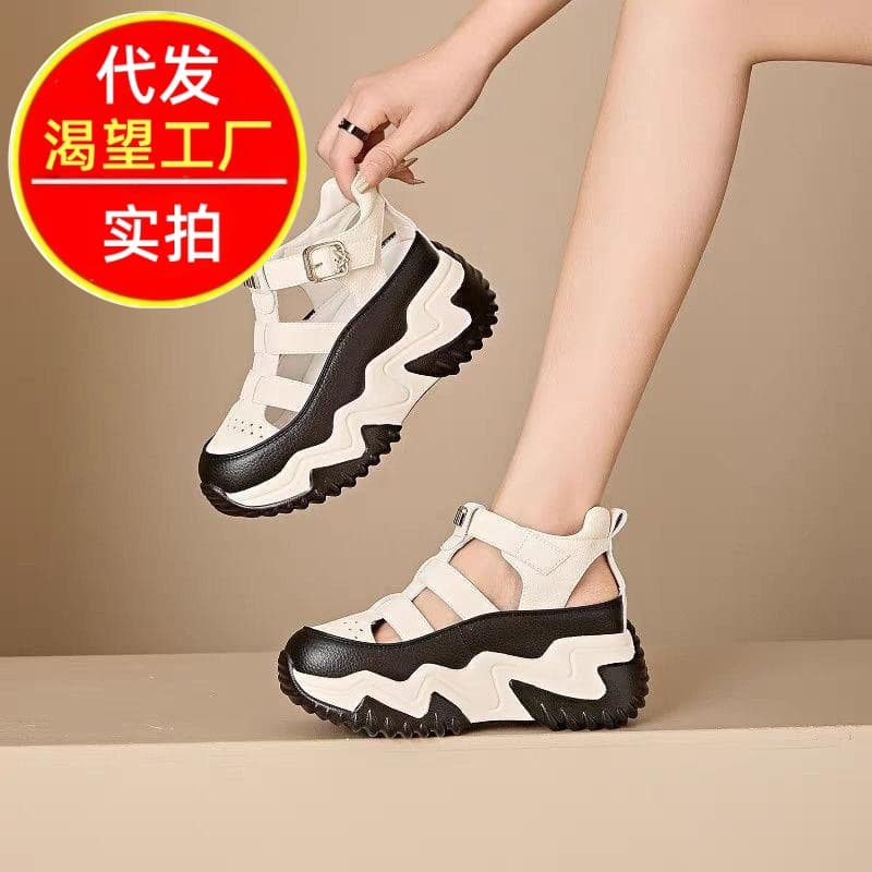 2026 spring and summer new thick-soled, comfortable, soft-soled, lightweight, hollow, breathable, heightening buckle white shoes for women, sandals