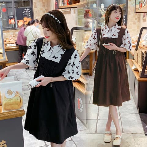 2024 Summer New Maternity Dress for Women Loose Fitting Slimming Stylish Fake Two-Piece Lantern Sleeve Long Babydoll Dress