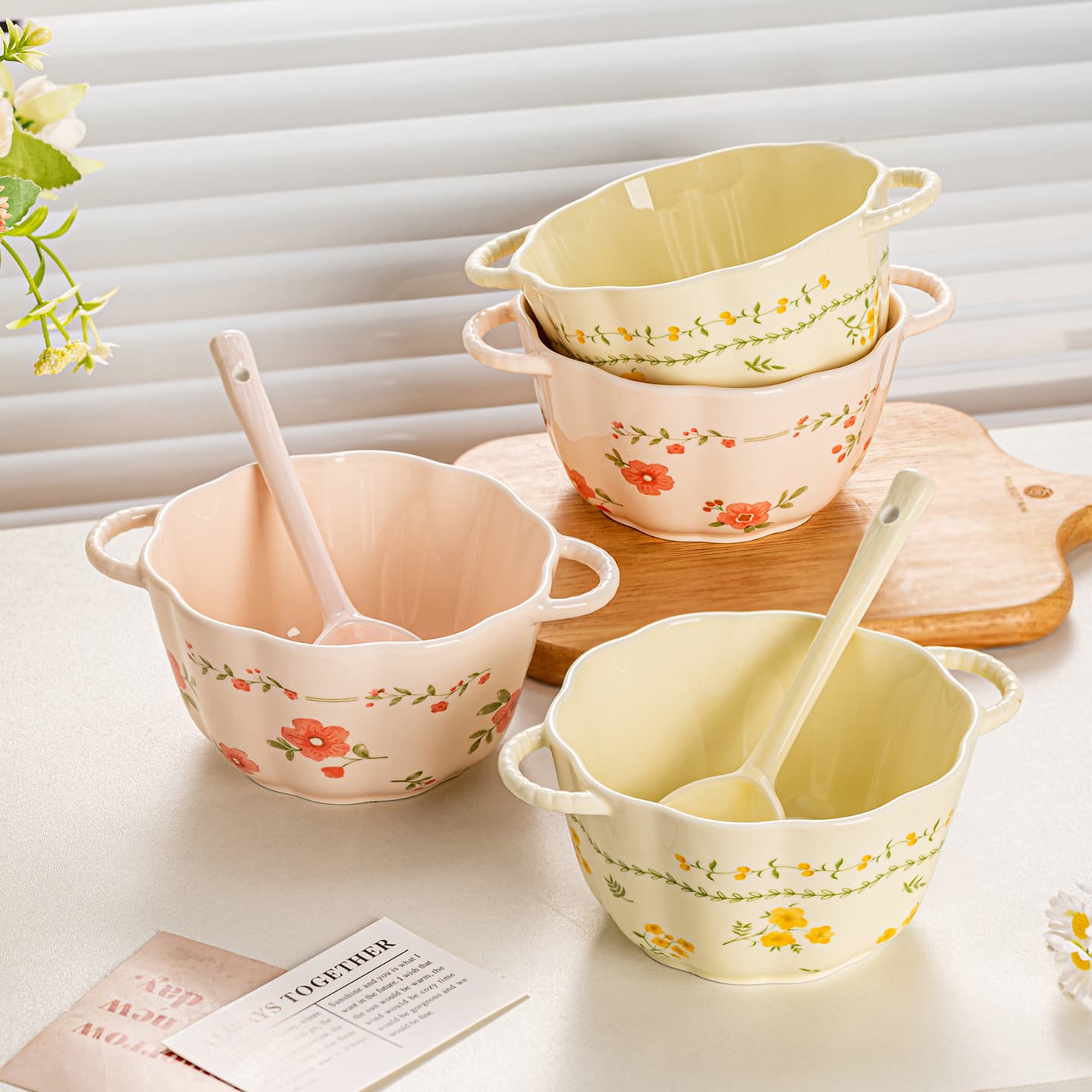 Small fresh double-ear bowl yogurt bowl new household high-value ceramic tableware dessert bowl salad fruit bowl bowl