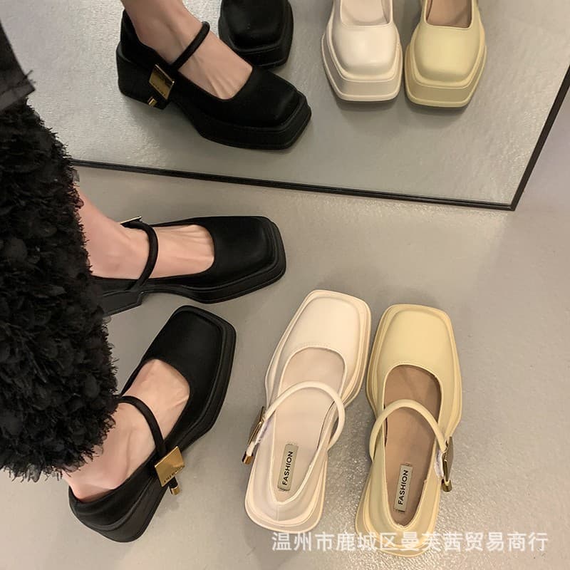 Chunky Heel British Style Leather Shoes for Women 2026 Summer New French High Heel Commuter Spring Autumn Evening Flats
