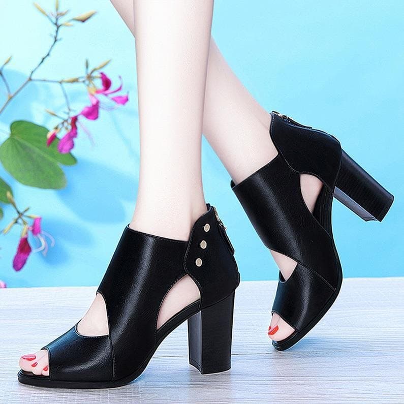 Chunky High-Heeled Shoes, Deep-Cut Women's Sandals, 2019 Summer Peep-Toe Hollow-Out Women's Leather Shoes, Mid-Heel Single Shoes, Platform Women's Shoes