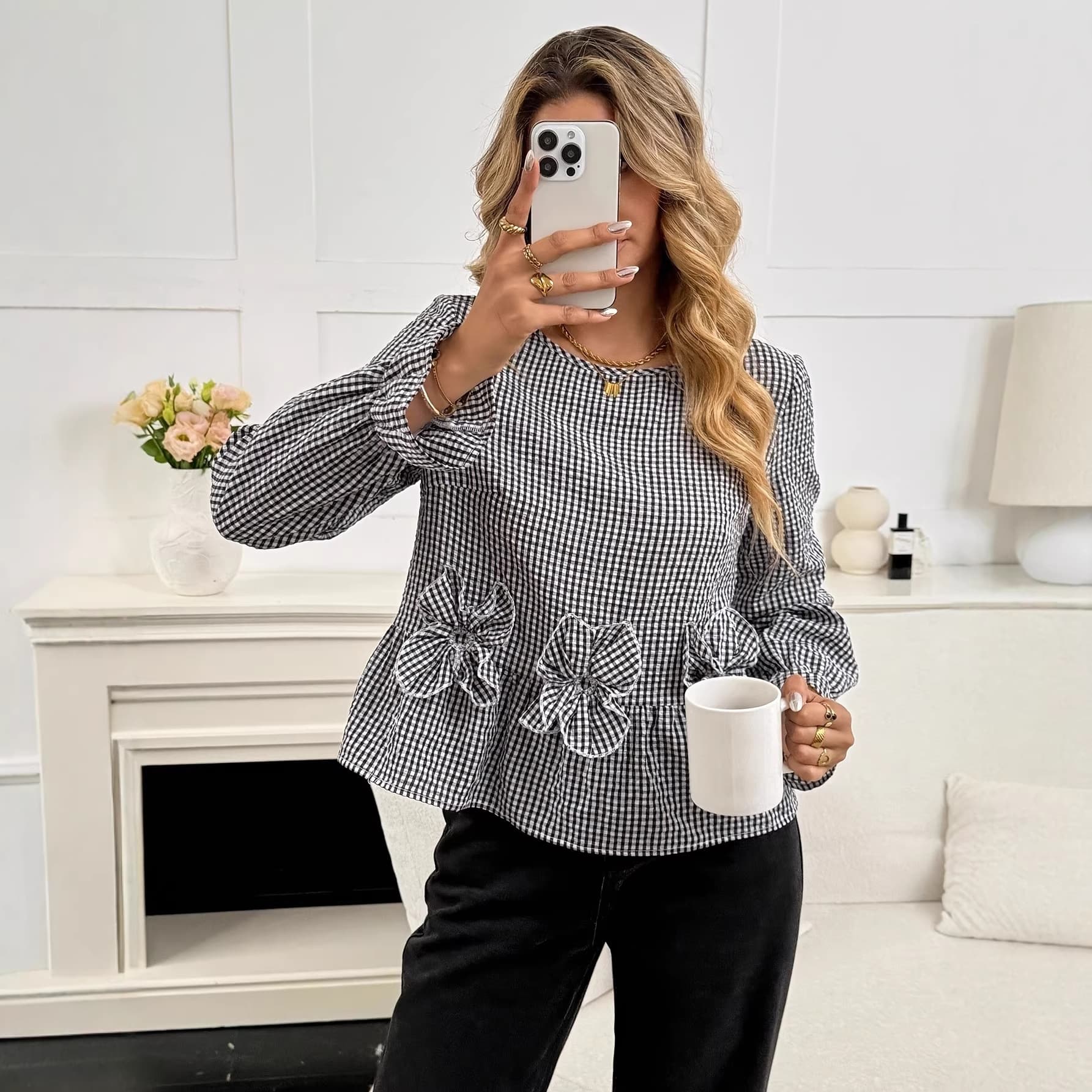 Women's Spring/Summer Casual Plaid 3D Floral Long-Sleeve Round Neck Blouse for Amazon Cross-Border Trade
