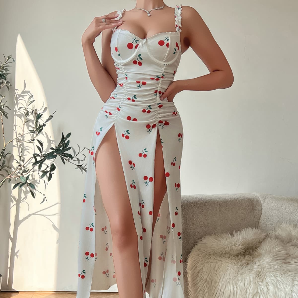 European and American Cross-Border Foreign Trade Sexy Nightgown with Cherry Print, Suspender Dress, Women's Long Dress, Pajamas and Underwear Set