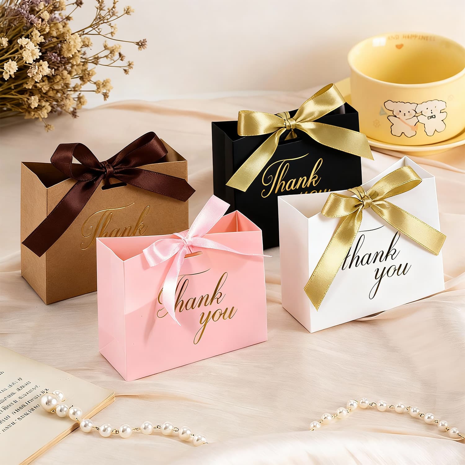 Cross-Border Forest-Themed Thank You Pink Ribbon Wedding Favor Candy Box with Gold Stamping Wedding Thank You Candy Box