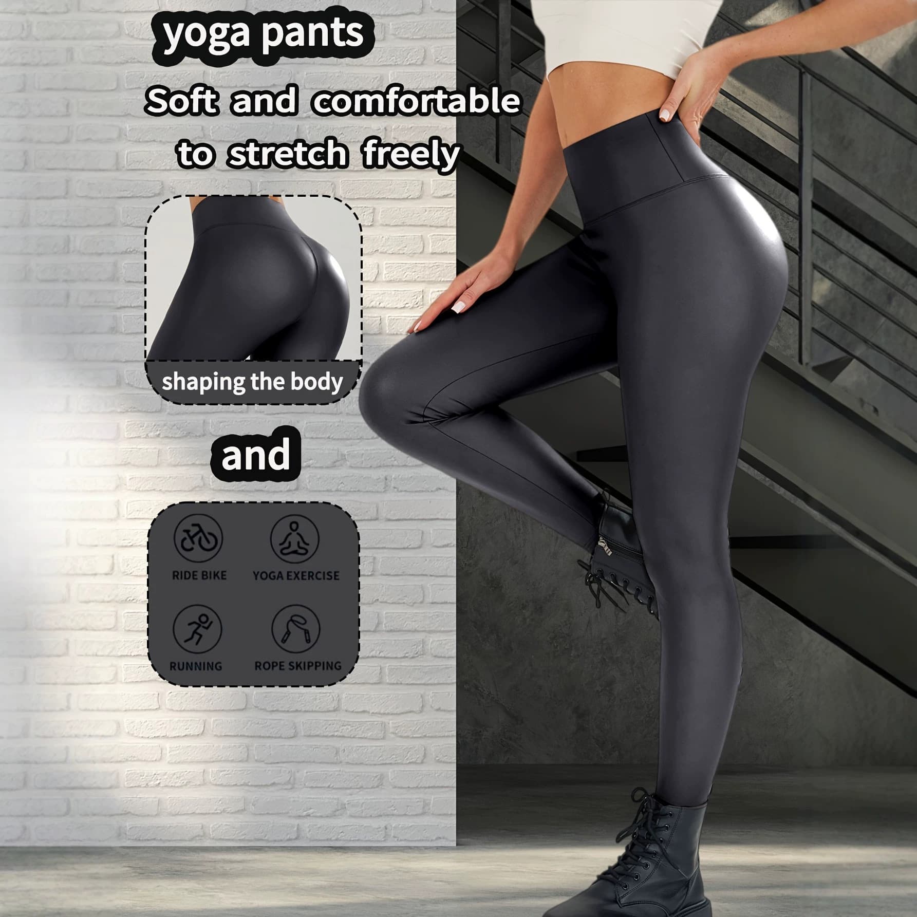 European and American Fashion Matte Sport Leather Pants for Women, Solid Color Breathable Slim Fit Hip Lifting Waist Cinching Yoga Casual Leggings