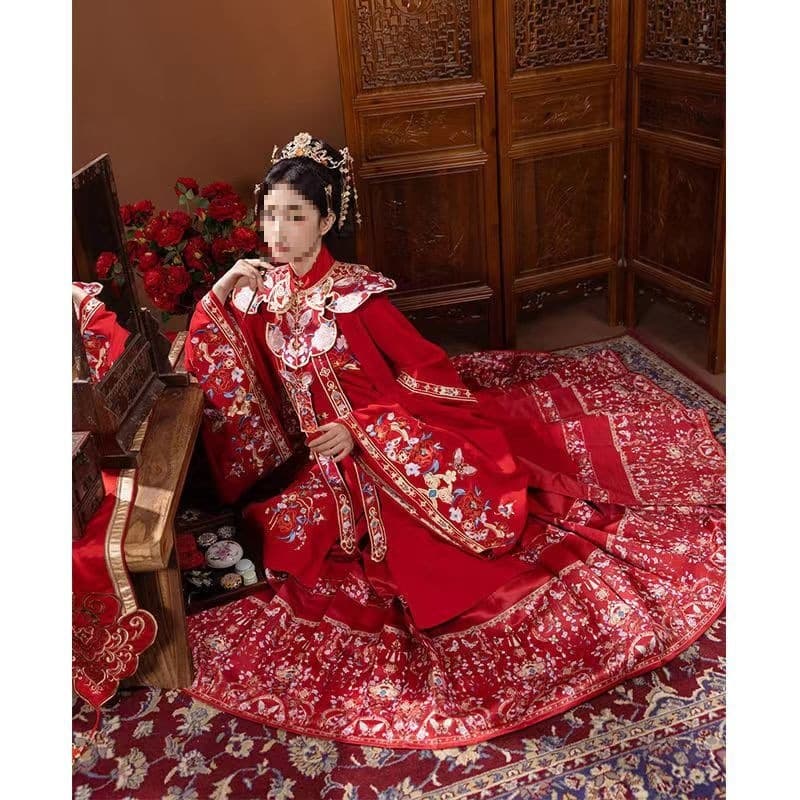 Tangxi Original "Red Dye" Heavy Embroidery Wedding Ming Dynasty Style Wedding Dress, Horse-Face Skirt Hanfu Women's Stand Collar Shirt, Cloud Shoulder Autumn