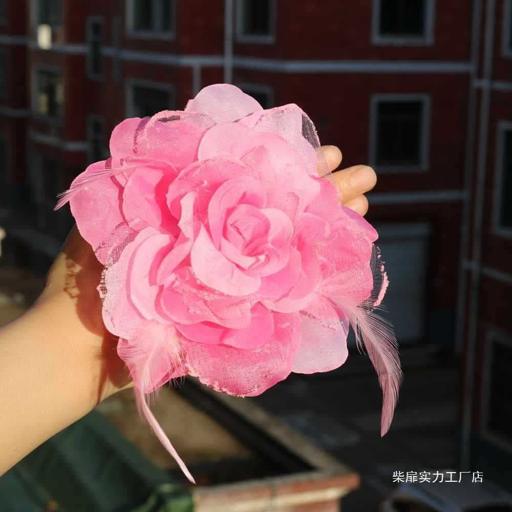 Large five-petal dance rose flower square dance feather hand bouquet performance prop headwear flower hair tie 15cm