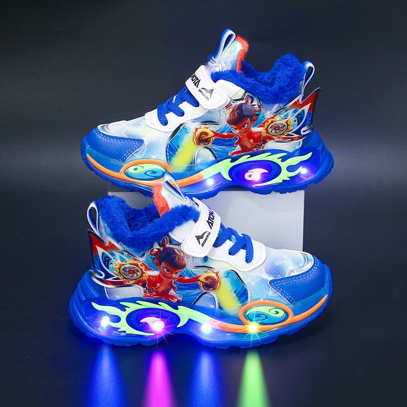 Wholesale Nezha Light-Up Boys' Sports Shoes, 2025 Autumn/Winter New Leather Upper Warm Baby Soft-Sole Children's Running Shoes