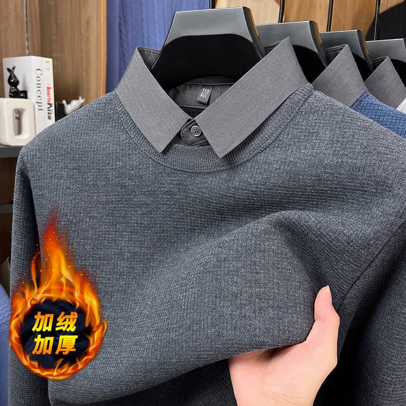 Men's Winter Fleece-Lined Thickened Casual Shirt Collar High-End Warmth Layered Sweater