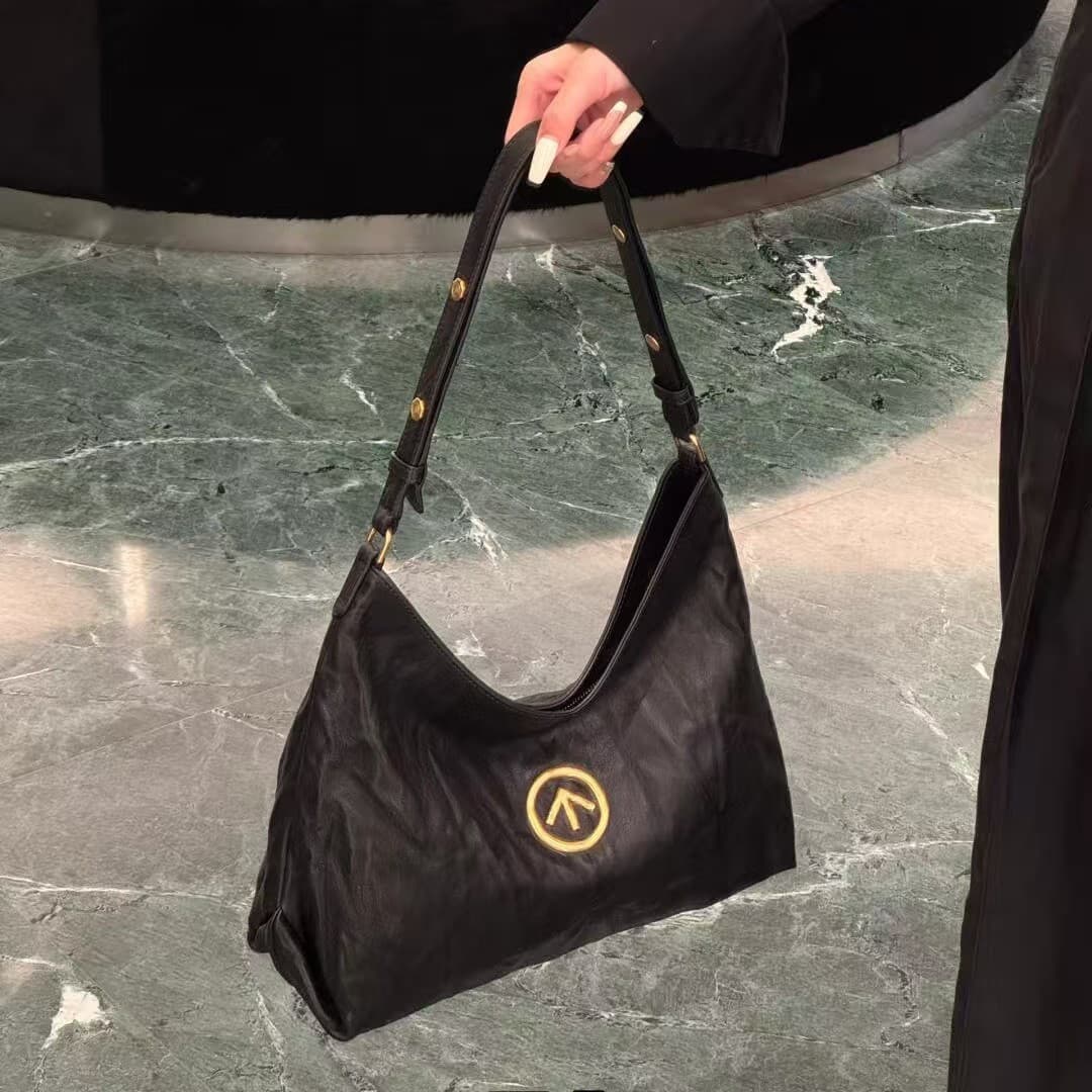 GROT Lele arrow black stone hobo bag vegetable tanned pleated leather armpit shoulder bag tote bag commuter women's bag
