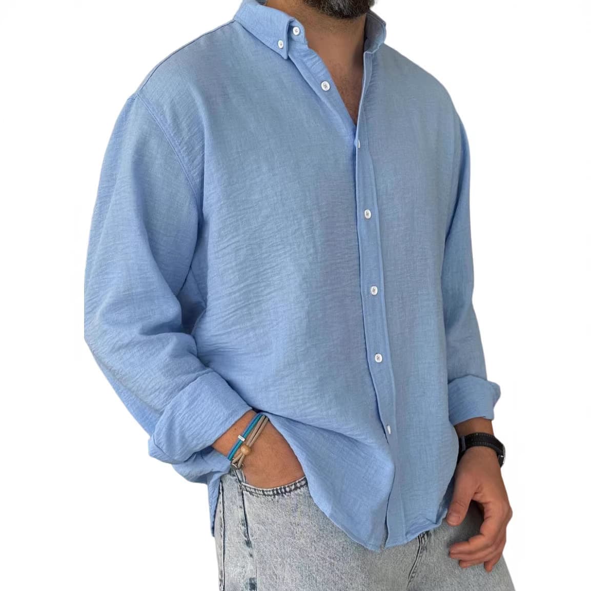 Amazon New Arrival Men's Washed Cotton Button Long Sleeve Shirt